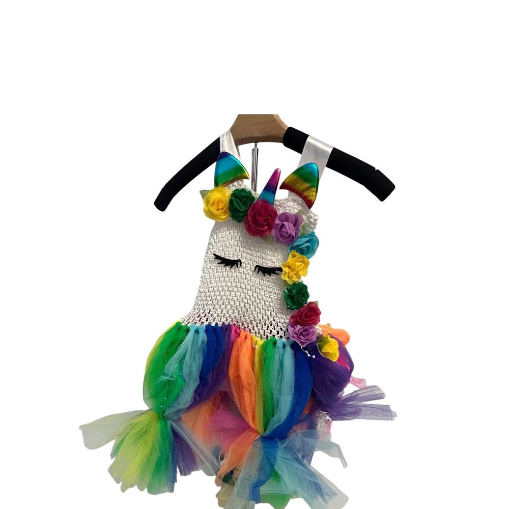 LED Tutu Dreams Unicorn dress Crochet bodice colorful flowers and rainbow tulle
